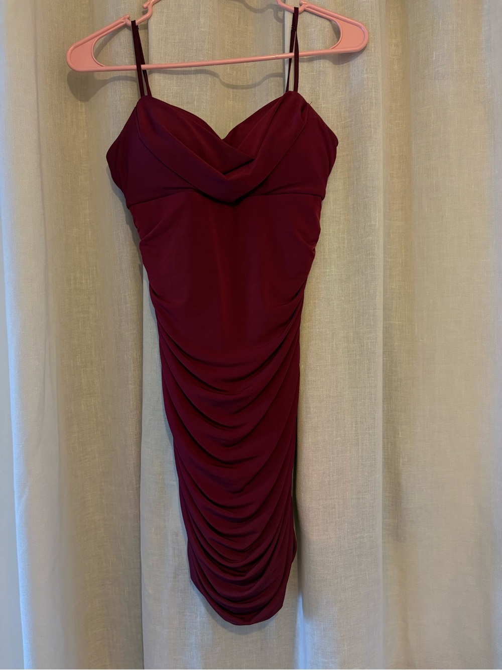 Sleeveless Ruched Mini Bodycon Dress in Burgundy with built in bra